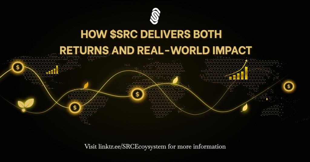 Visualization of $SRC Ecosystem Digital Twin tracking a tokenized trade, showing sustainable SME financing, measurable ESG impact, and stable investor returns.