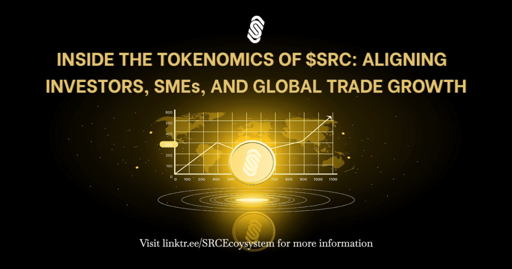 Visualization of $SRC tokenomics aligning DeFi liquidity and global trade growth on blockchain